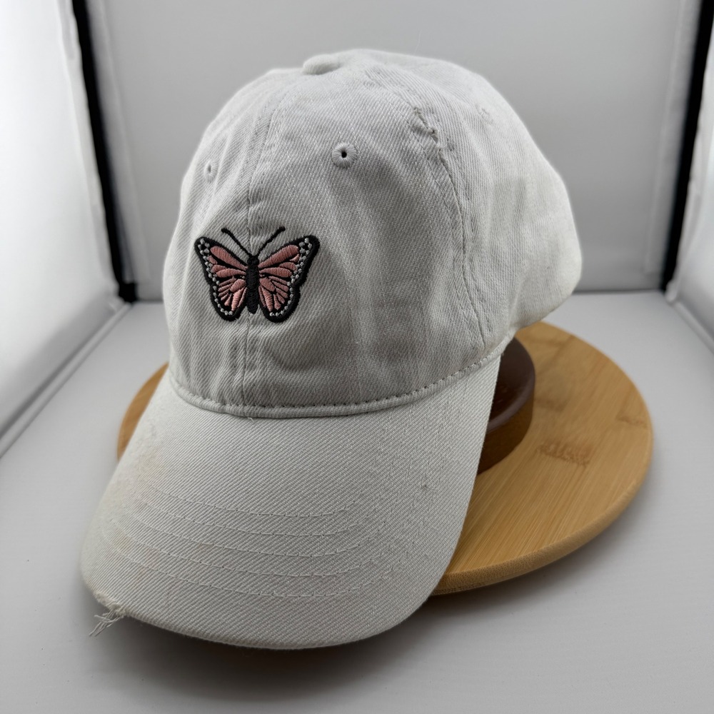 Distressed Ivory Butterfly Embroidered Hat Leather Strap Fairycore Y2K Cap